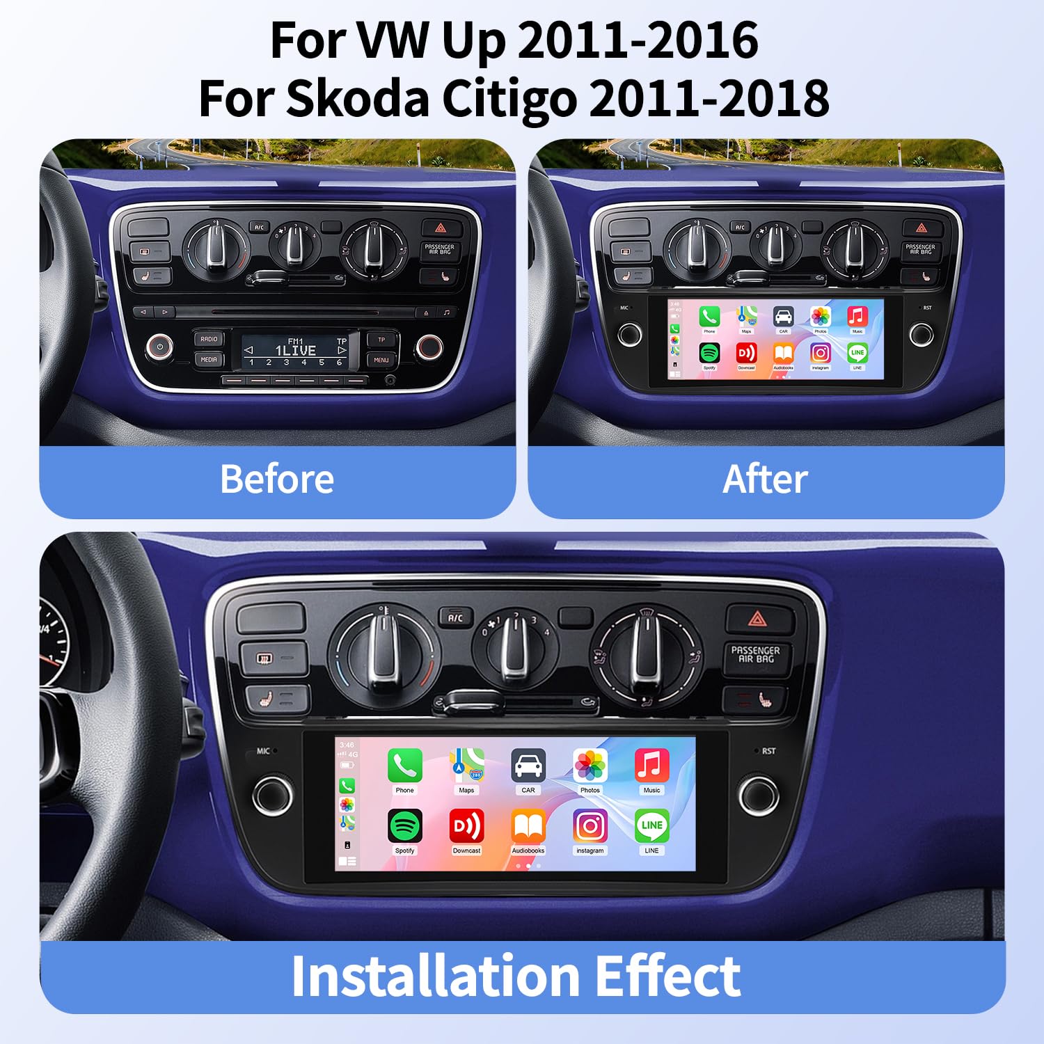 Bluetooth Autoradio mit Bildschirm für VW Up 2011-2016 Für Skoda Citigo 2011-2018 Android 14 2 Din Radio Kabellosem Carplay Android Auto 6.86Zoll Touchscreen FM RDS GPS Navigationsgeräte WiFi