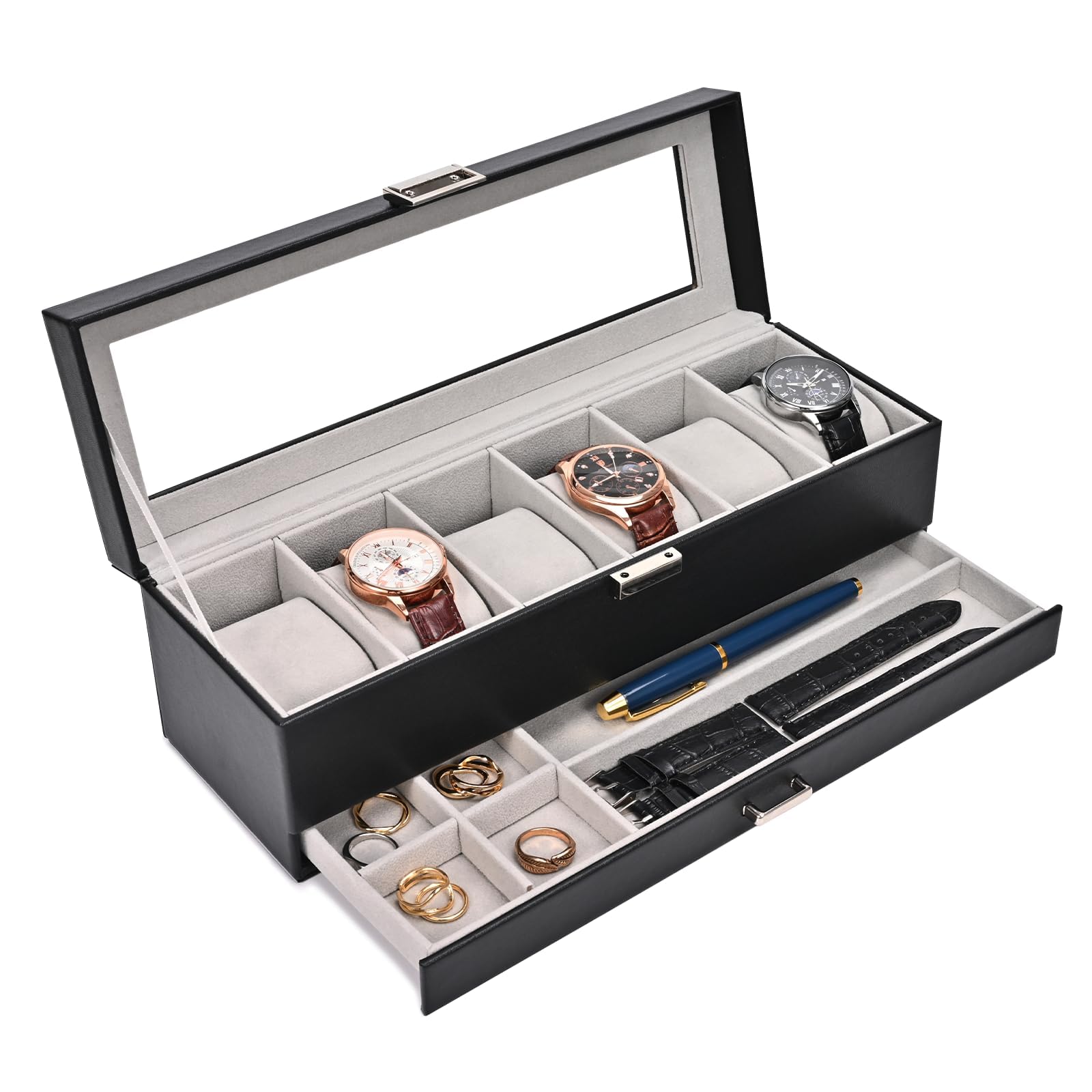 ProCase Caja de Relojes 6 Ranuras Cajón 2 Capas Tapa de Cristal Estuche Almacenamiento Negro