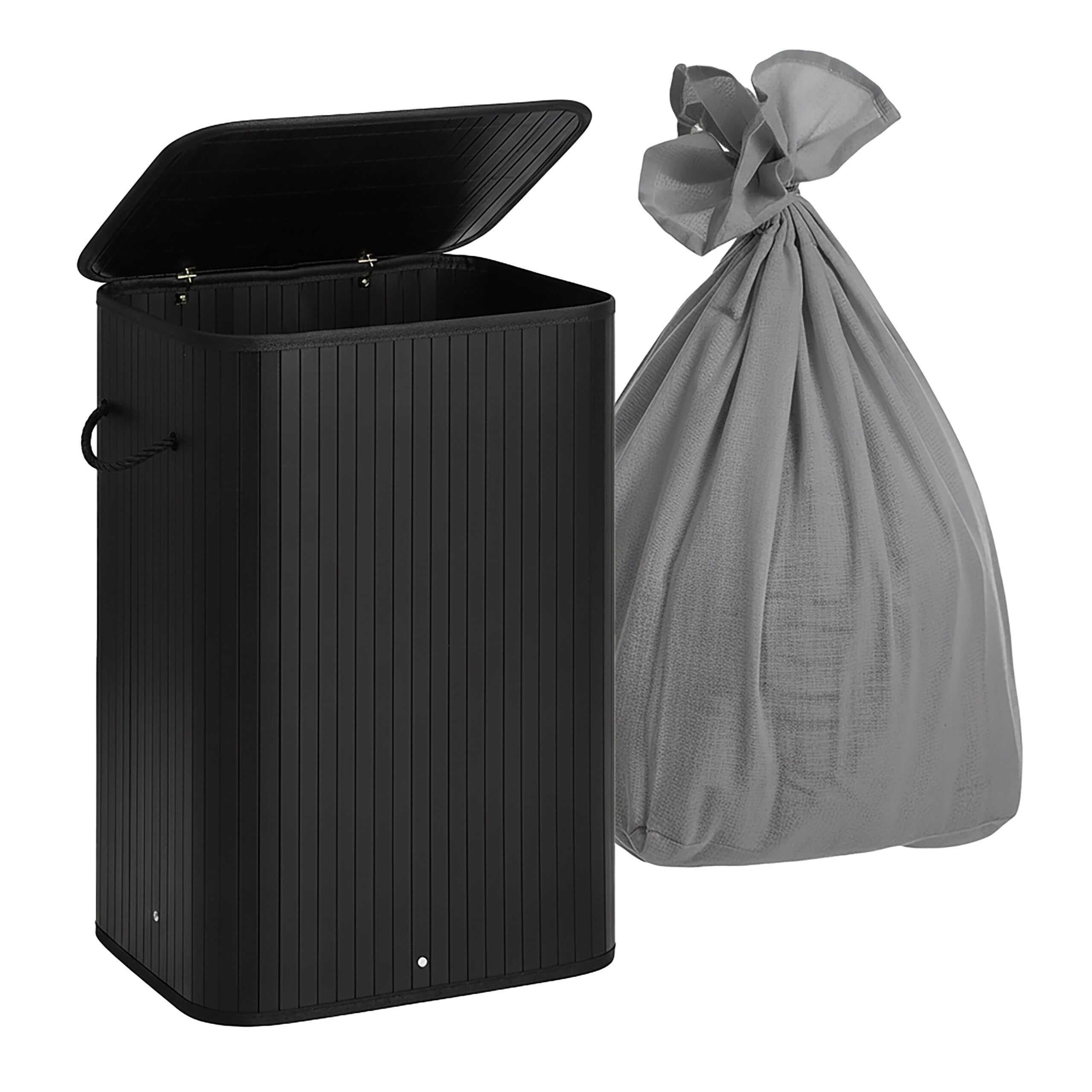 Relaxdays Negro Cesta De Ropa Plegable Con Tapa, 2 Compartimentos, Bambú, 105 L, Sistema De Clasificación, 63×52×32 Cm