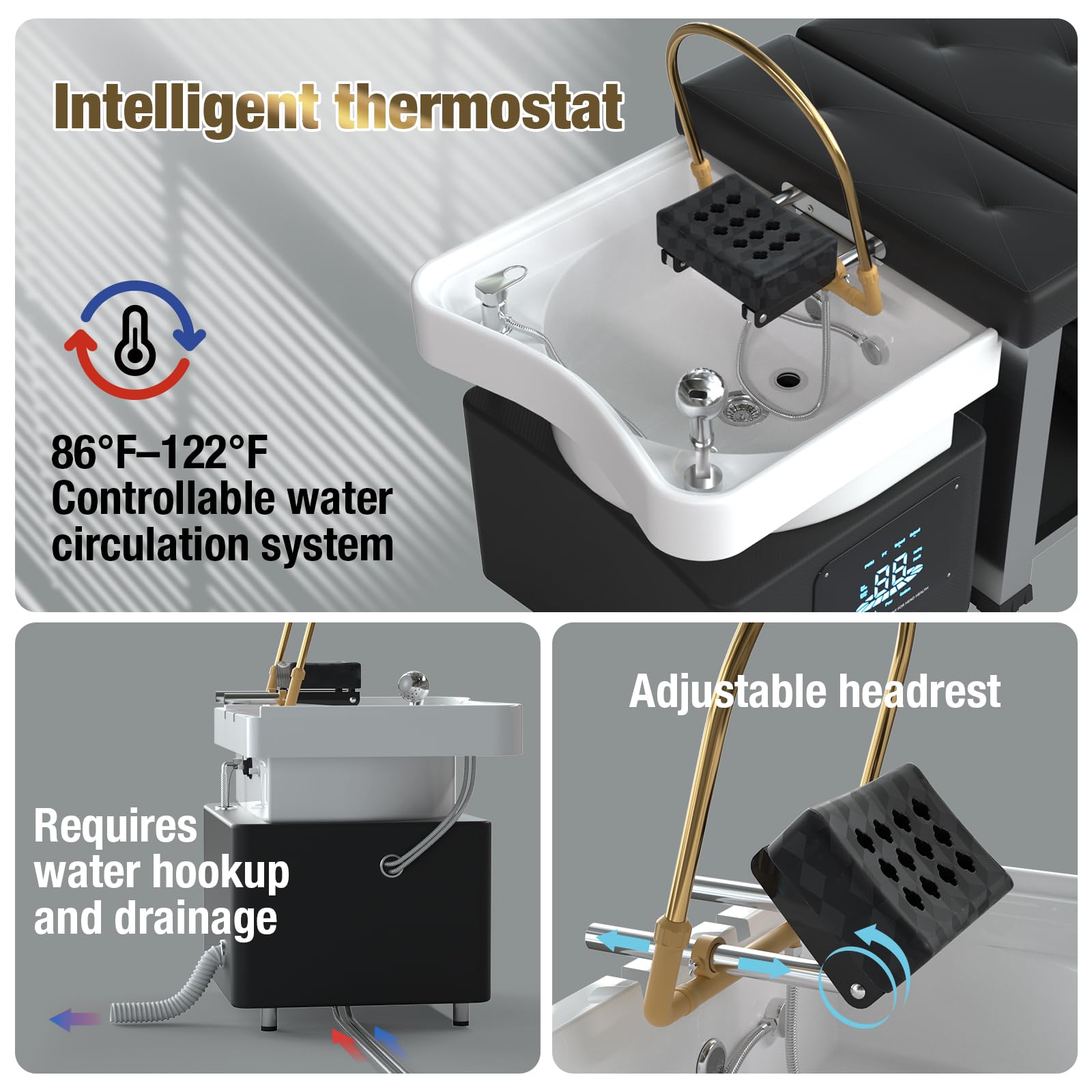 Lettino per la spa con impianto idraulico, circolazione di vapore e acqua, terapia con luce a LED, lettino per il massaggio con shampoo e schiuma viscoelastica