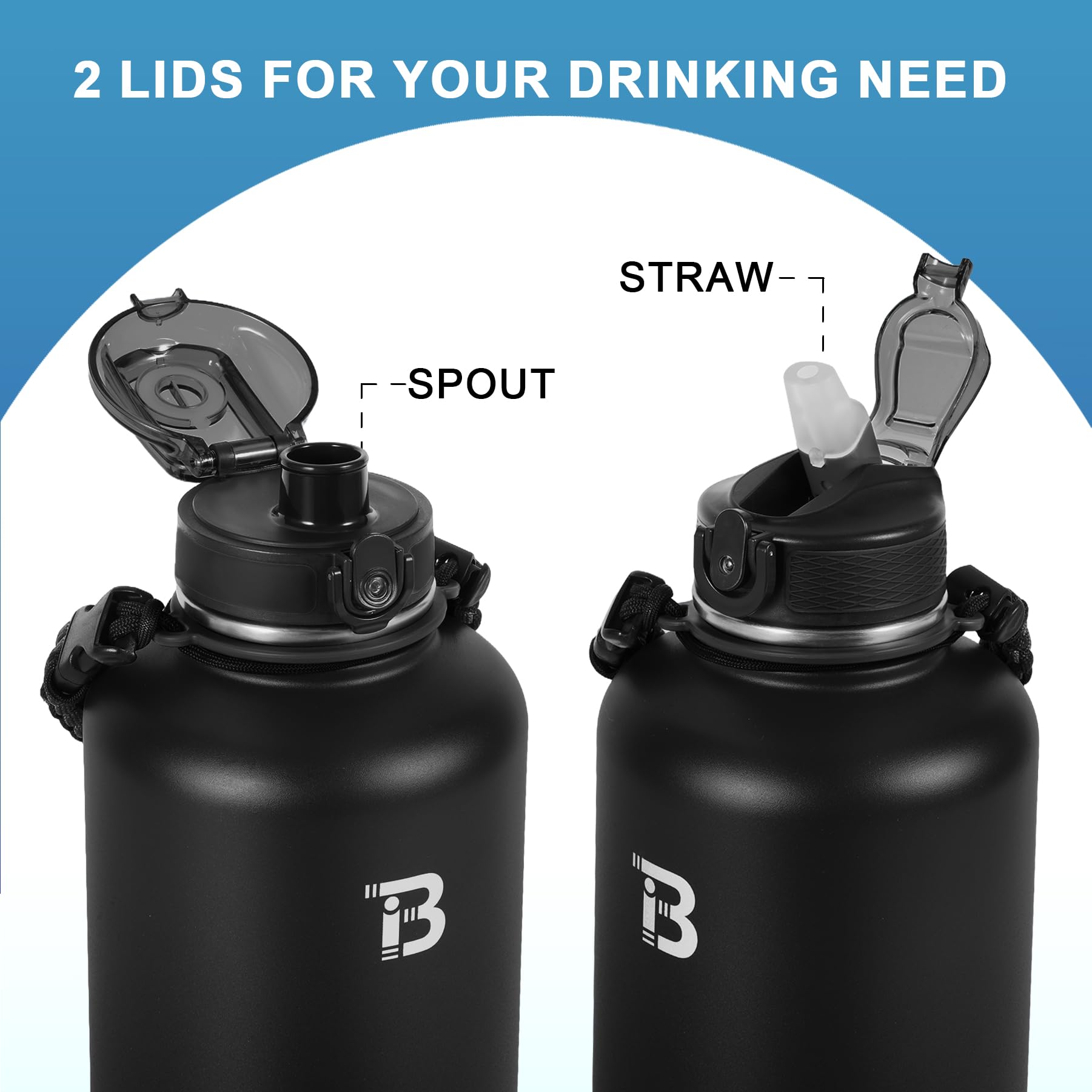 TOPBADE - Borraccia in acciaio inox, 1,9 L, isolata con 2 coperchi (con e senza cannuccia), senza BPA, in metallo, per palestra, bodybuilding, attività all'aperto