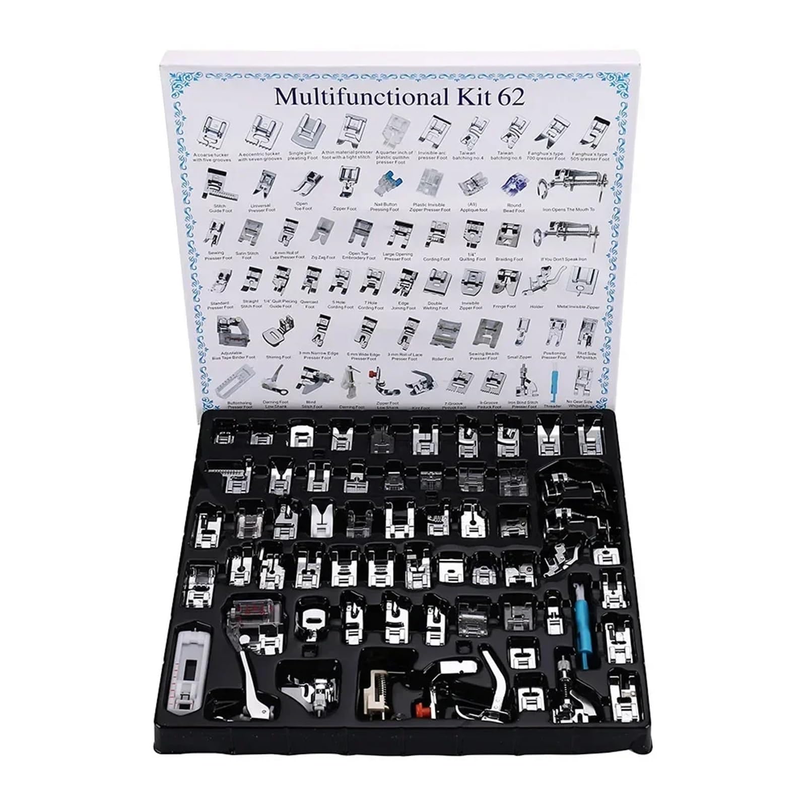 Sewing Feet Sewing Machine Presser Foot Press Kit For Braiding Blind Stitch OverLock Zipper Roller Ruler Parts(Press foot 62pcs)