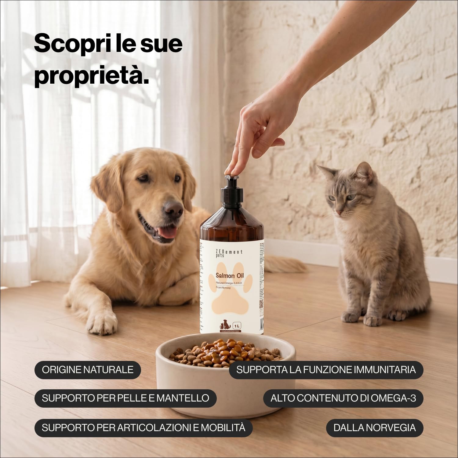 Olio di Salmone 100% Naturale per Cani e Gatti – Origine Norvegese, Omega-3, 6 e 9 con EPA, DHA e DPA – Pelle, Pelo e Articolazioni – 1000 ml con Dosatore – Zenement Pets