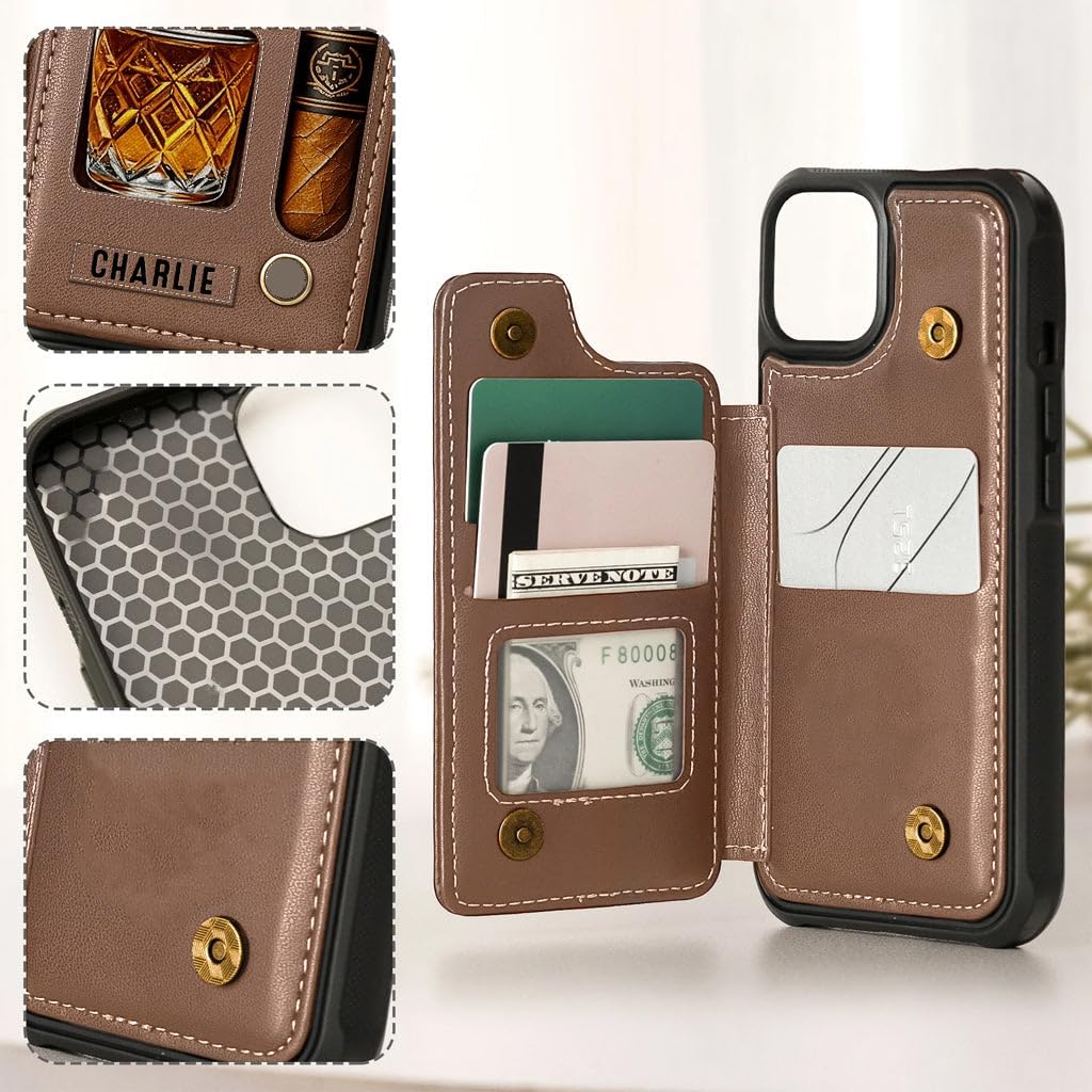 Whiskey & Cigar - Personalized Whisky Wallet Phone Case, Cigar & Whiskey Printed Wallet Case for PU Leather Shockproof Phone Cases Cover for Men Husband Grandpa Dad