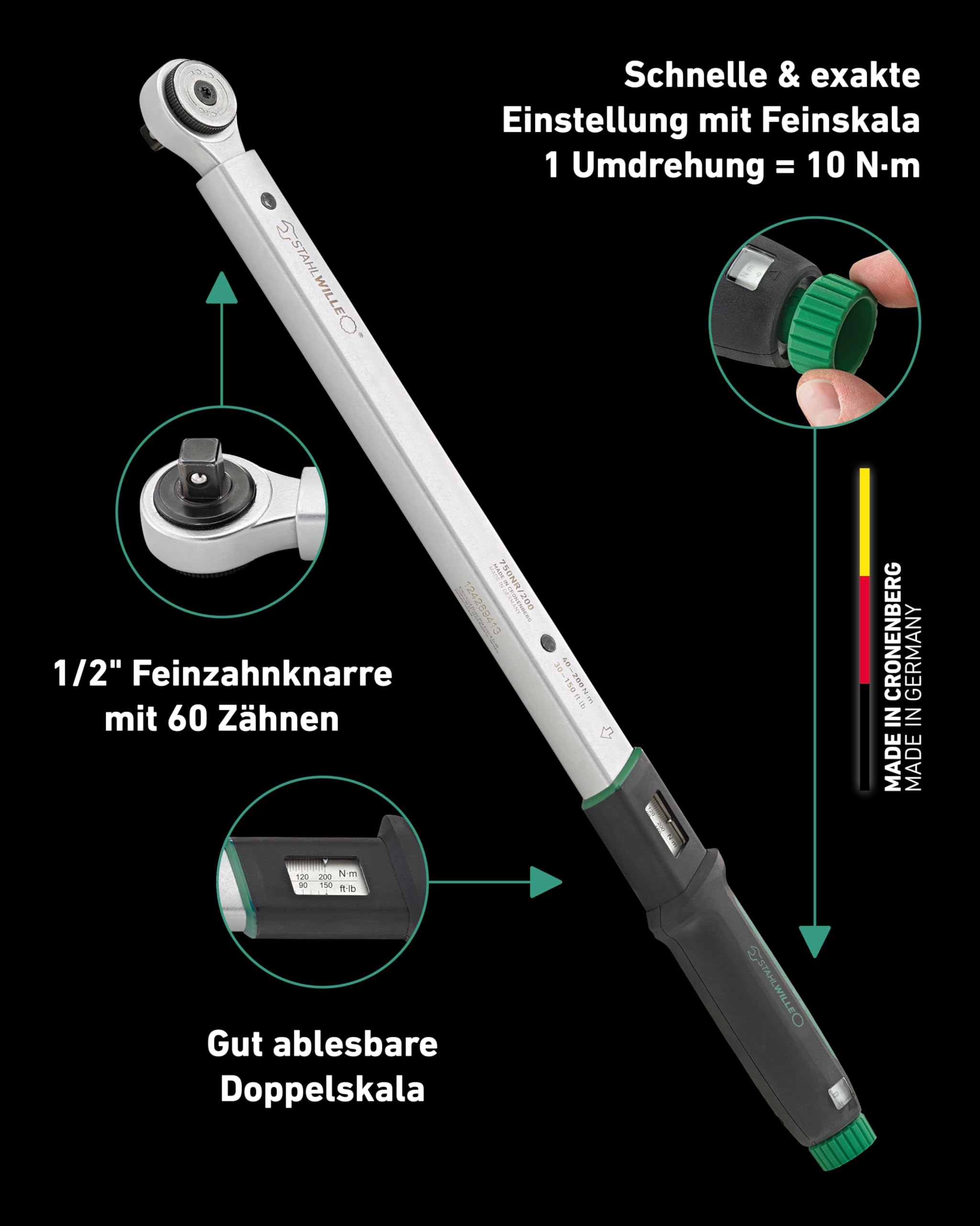 STAHLWILLE 750NR/200 | klucz dynamometryczny 40-200 N· m z grzechotką przełączającą 1/2 cala | z certyfikatem | Made in Germany
