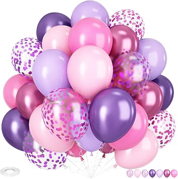 Pink and Purple Balloons, 12 Inch Pastel Purple and Pink Balloons Metallic Pink Purple Confetti Balloon Set with Ribbon for Women Birthday Wedding Anniversary Engagement Party Decorations