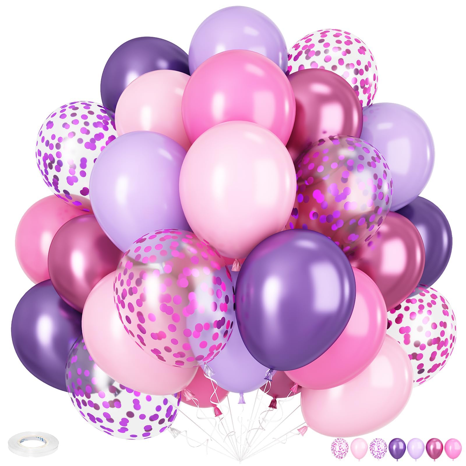 Pink and Purple Balloons, 12 Inch Pastel Purple and Pink Balloons Metallic Baby Pink Purple Confetti Balloon Set with Ribbon for Girls Birthday Baby