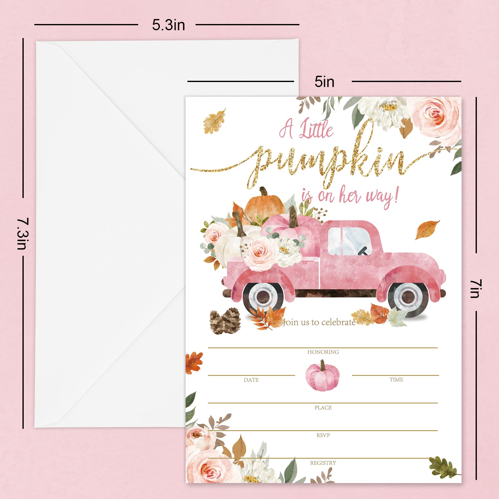 Whaline Fall Baby Shower Invitations 25 Sets Pink Autumn Pumpkin Floral Truck Invitation Cards with Envelopes Stickers Watercolor Blank Invites for Wedding Thanksgiving Harvest, 5 x 7 Inch