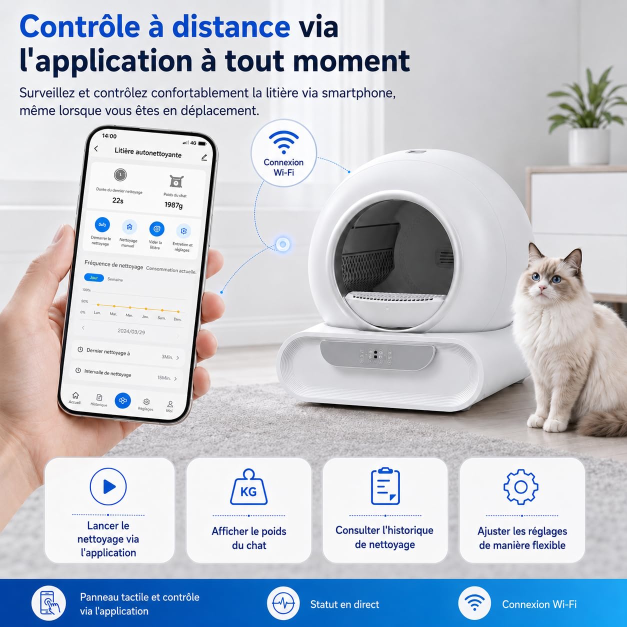 Litière Chat Automatique Autonettoyante XXL 65L, Contrôle par Application WiFi 2,4 GHz, Bac à Déchets 9L, Gestion Multi-Chats, Surveillance du Poids et de l’Utilisation, pour Chats 1 à 8 kg