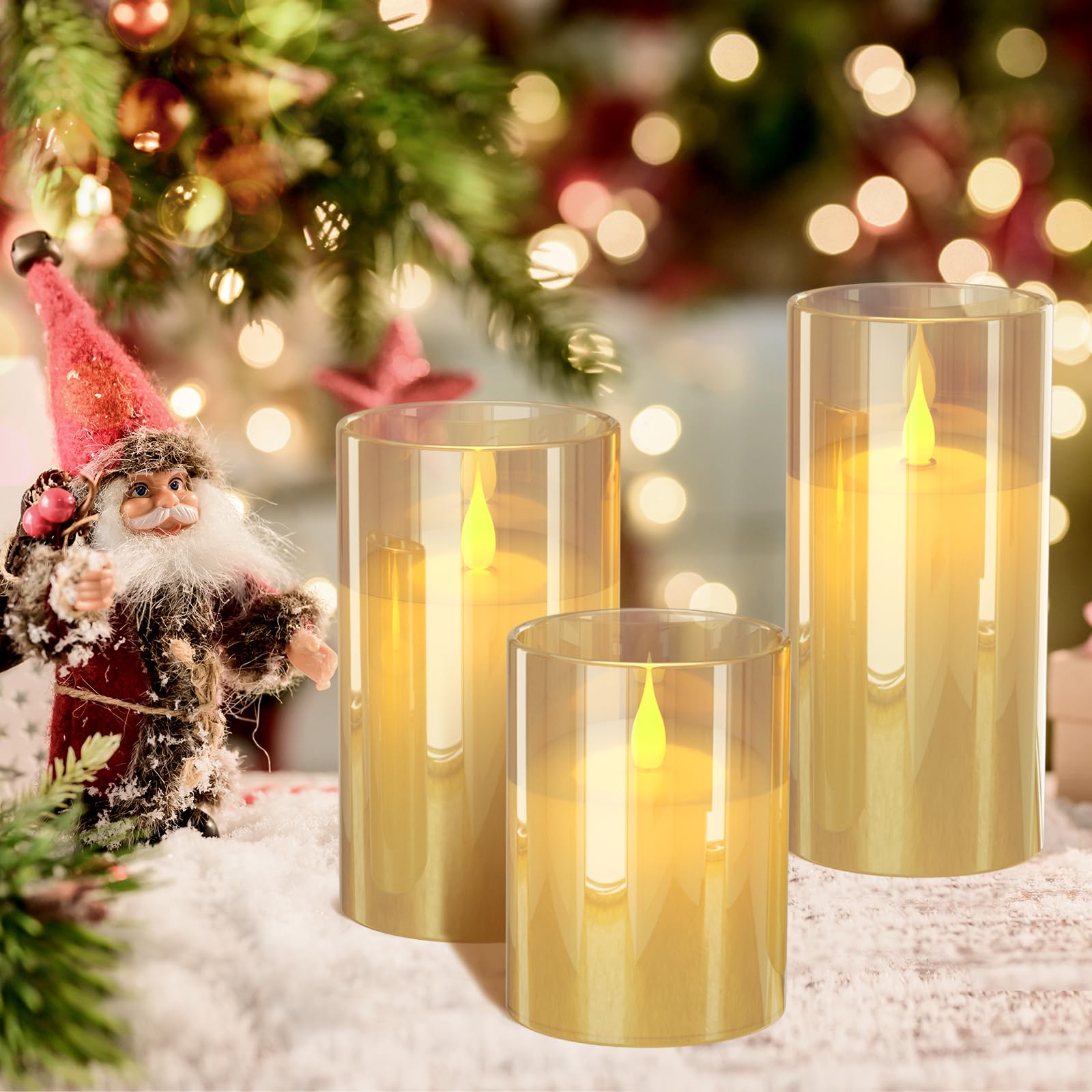 EXTSUD Velas LED sin llama recargables con estación de carga y mando a distancia, juego de 3 velas decorativas intermitentes de cristal con temporizador para fiestas, cumpleaños, bodas (Marrón)