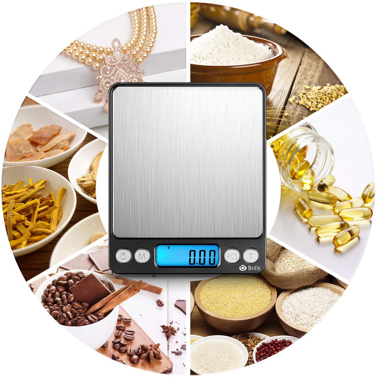 Brifit Bilancia di precisione, 500 g/0,01 g, bilancia da cucina, con funzione tara e conto, schermo LCD retroilluminato, 100 g di peso di calibrazione (acciaio inossidabile, nero)