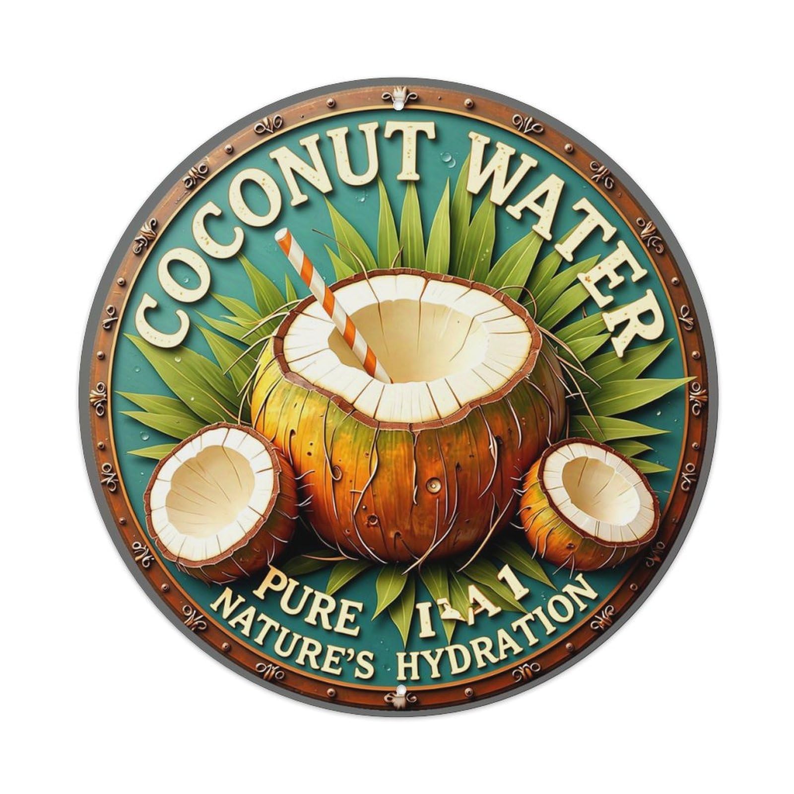 Coconut Water Pure Nature Hydration Retro Metal Sign Round Tin Sign, Vintage Decor Art Poster for Bar, Home, Man Cave, Kitchen, Laundry Room Gift 8x8Inch
