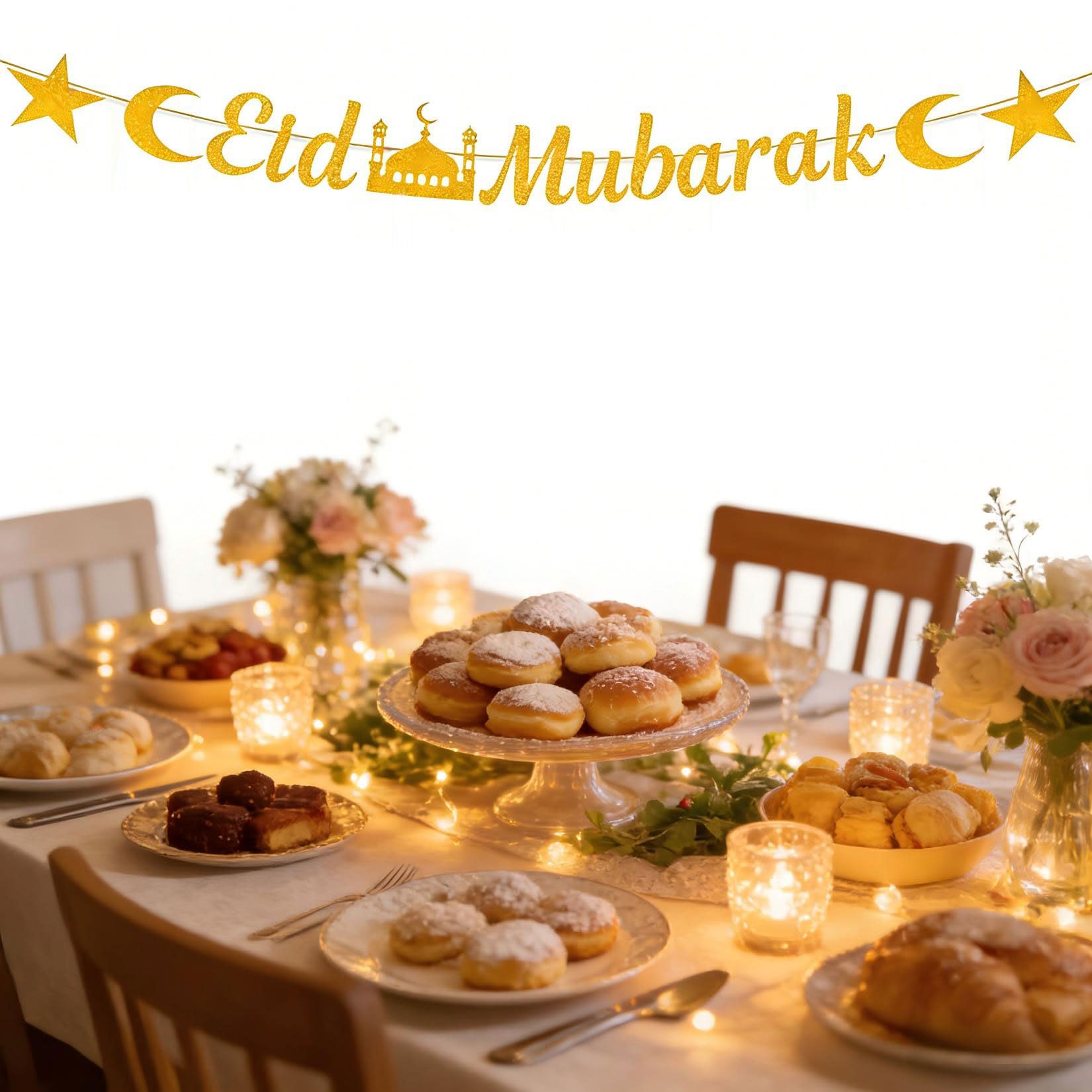 Eid Mubarak Banner, Gold Glittering Banner for Party Decorations Supplie Eid Mubarak Decoration Party Decoration Accessories - Image 4
