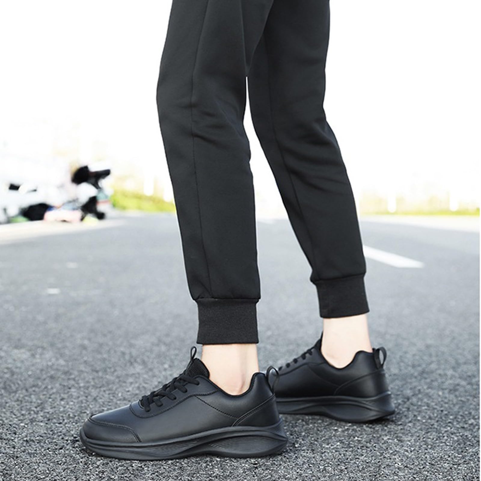 Baskets pour femme - Noir - Avec semelle blanche - Légères - En cuir - Antidérapantes - Respirantes - Chaussures de tennis épaisses - Avec lanières - Chaussures de fitness - Chaussures de marche