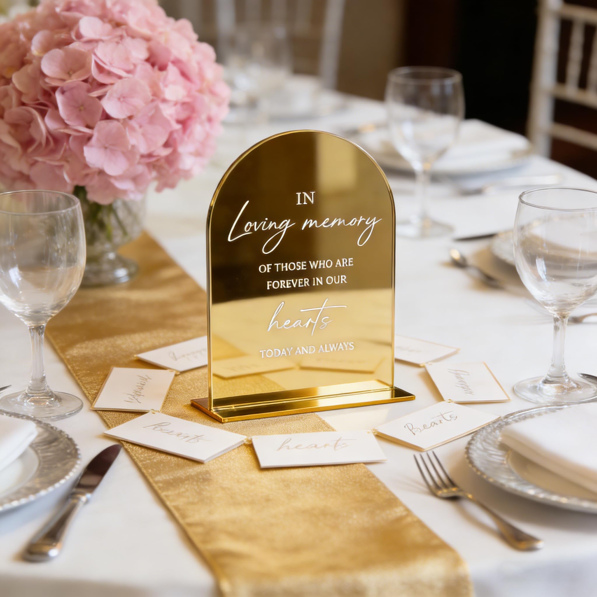Acrylic Cards and Gifts Sign with Stand, 5x7 inch Black Arched Wedding Table Signs and Base, 1/8" Thick Arch TableTop for Wedding Reception & Event Party Table (Gold mirror, In Loving Memory Sign)