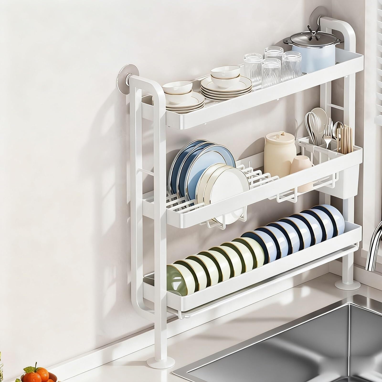 ARUNASC dish racks Dish Drying Rack 2/3 Tier Kitchen Counter Utensil Holder Over The Sink Dish Drainer Drying Rack for Kitchen drainer(Wei�,Three layer)