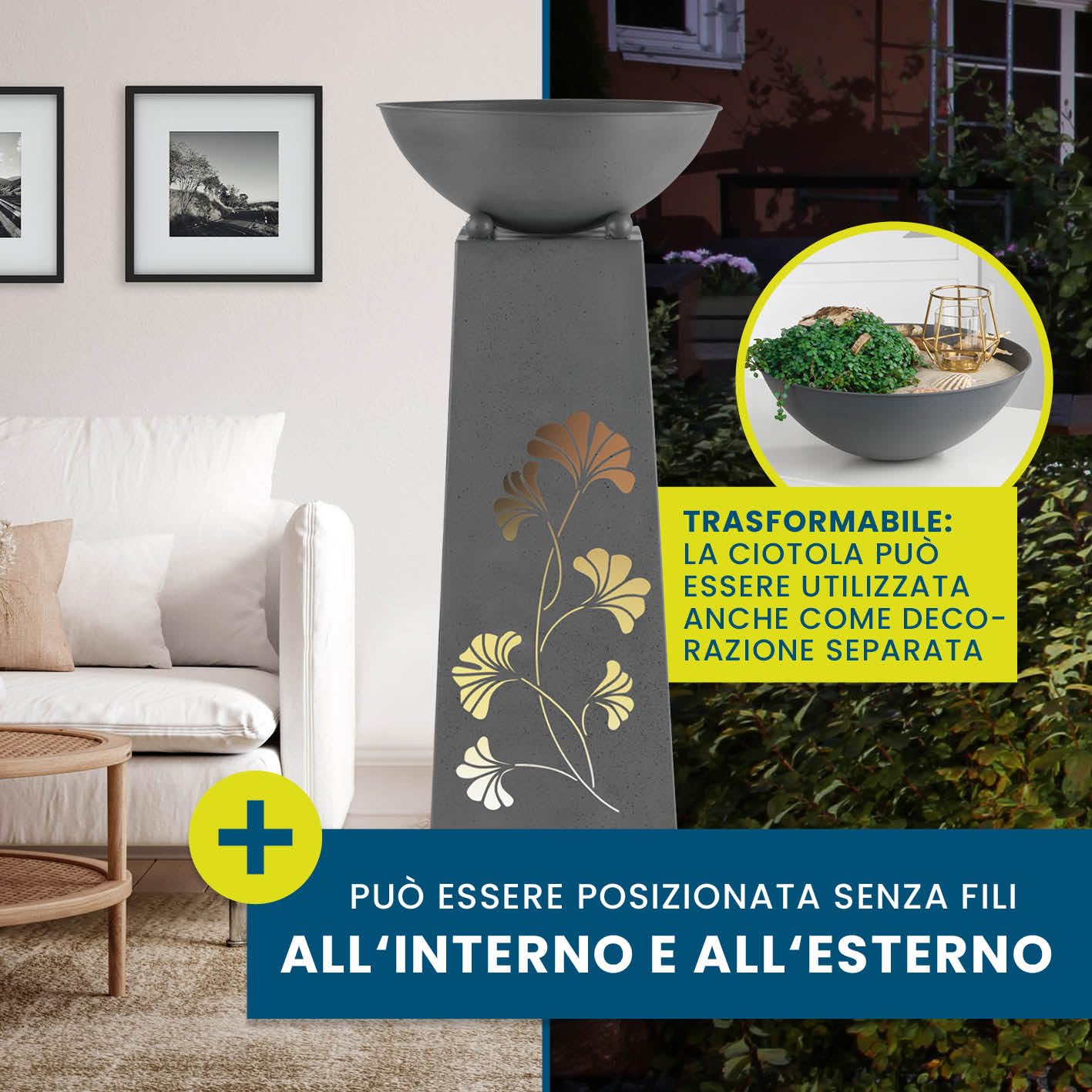 Hoberg LED Fioriera su piedistallo Foglie di Ginkgo Design in Color Cemento | Vaso Rimovibile (Ø 34cm) Adatto per Uso Interno ed Esterno | Illuminazione Integrata, USB o Solare [23 x 23 x 70 cm]