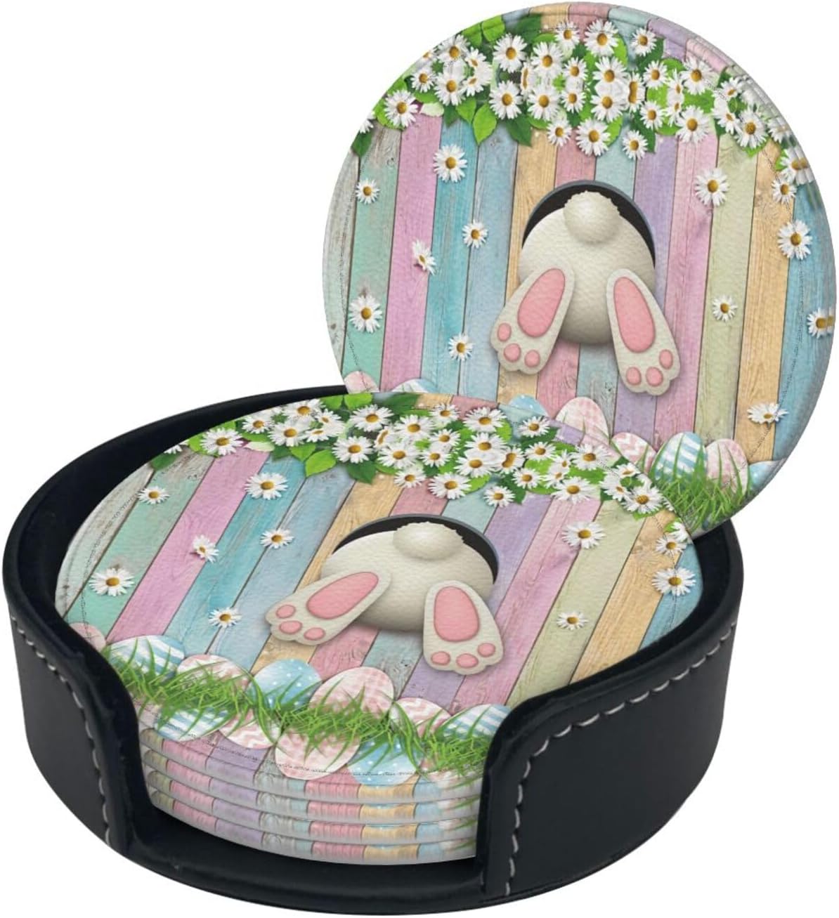6 Pcs Easter Eggs Bunny Coasters with Holder,Office Bar Dining Table Home Kitchen Decor