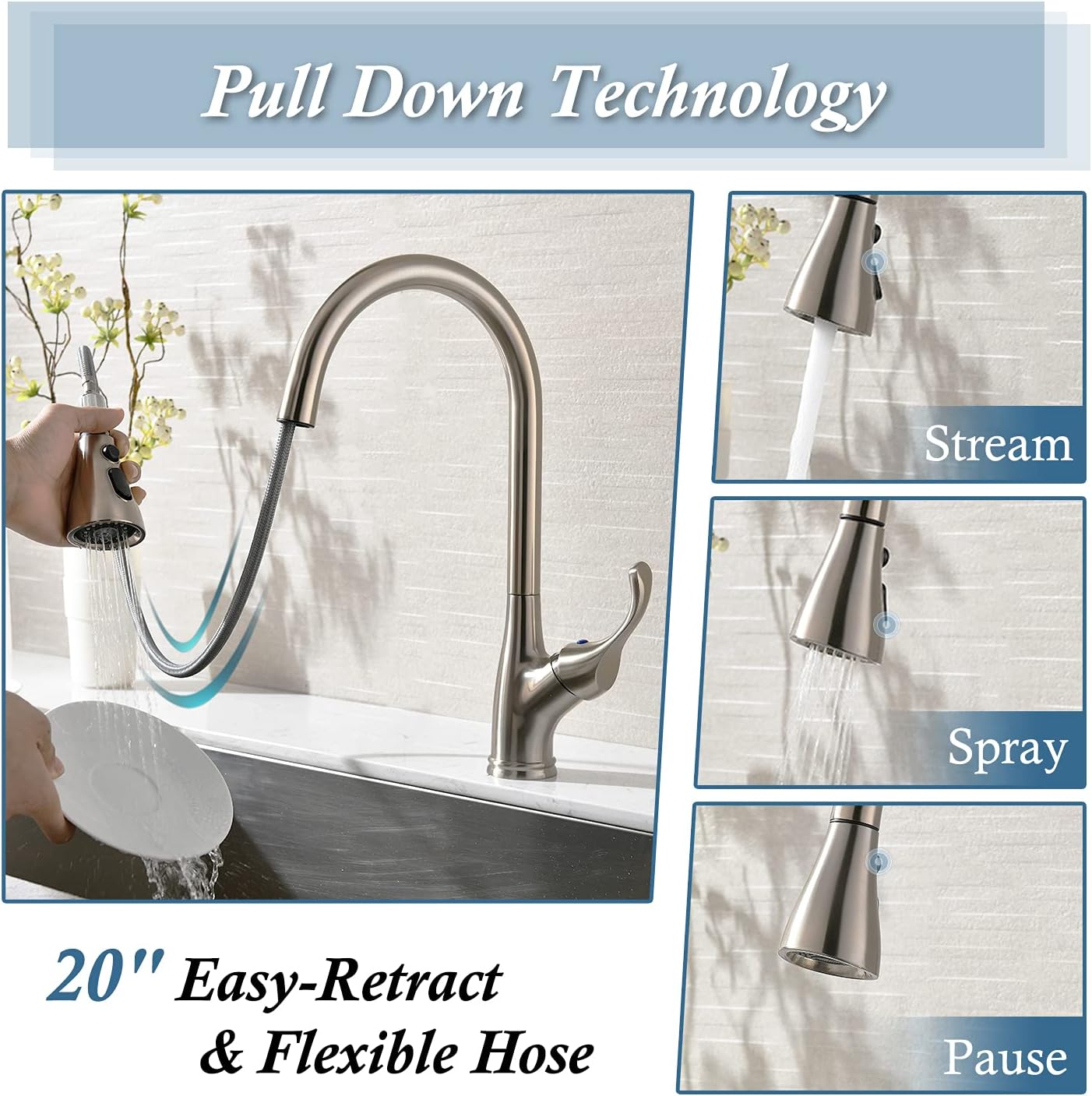 Hоttеѕt Sаlе APPASO Pull Down Kitchen Faucet with Sprayer Stainless Steel Brushed Nickel - Single Handle Commercial High Arc Pull Out Spray Head Kitchen Sink Faucets with Deck Plate, Grifos De Cocina