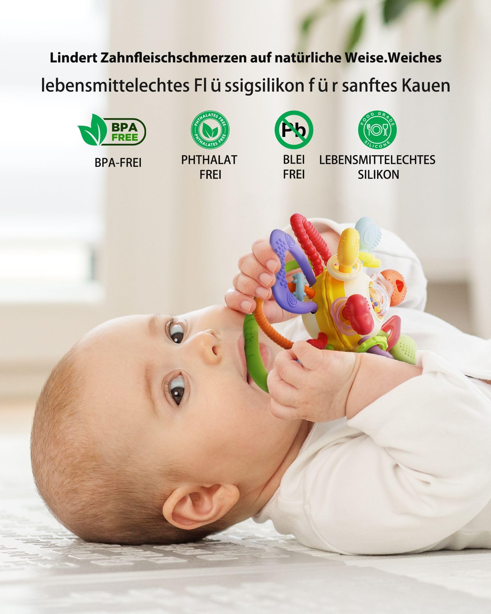 Infinno Baby Greifball & Rassel,BPA-freies Silikon Beißring-Spielzeug für 0-12 Monate, Multifunktionales Montessori Baby Geschenk Mit Leuchtenden Farben