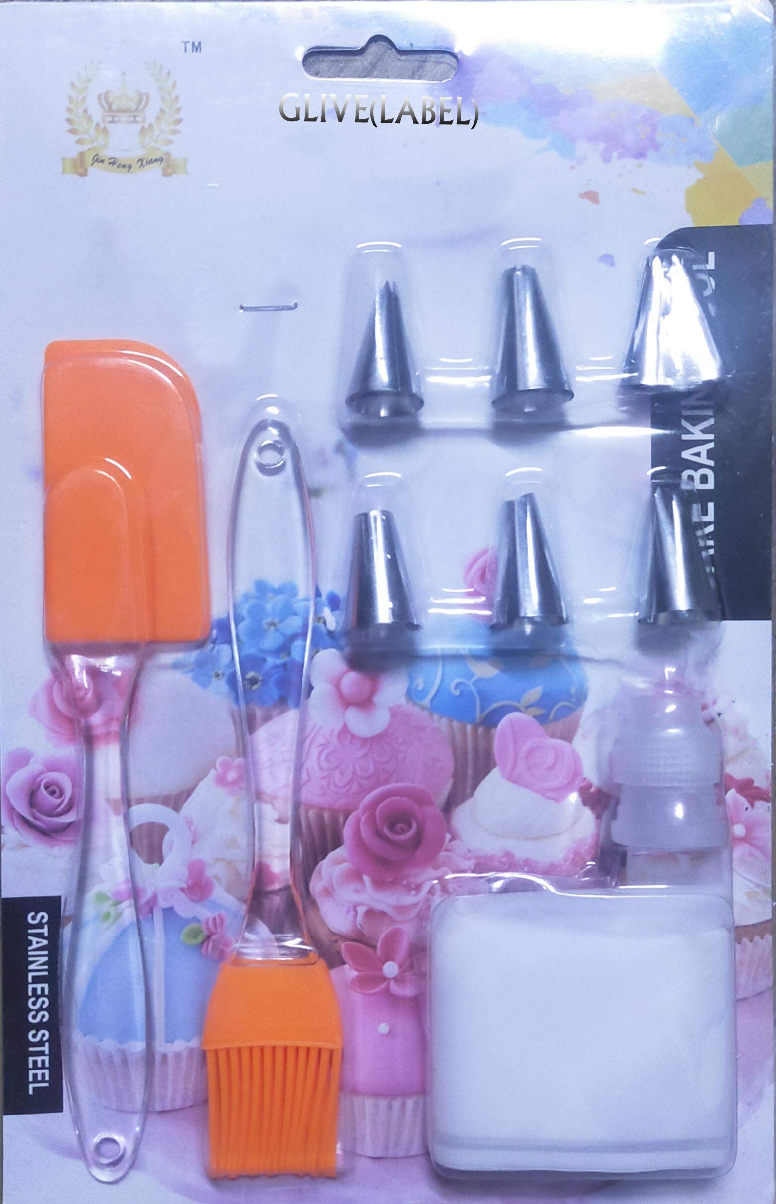 GLIVE (LABEL) 6pcs Decorating Nozzles 1 Icing Bag with Silicone Spatula and Pastry Brush Set Special for Cake Mixer, Grilling, Tandoor, Cooking, Baking, Glazing, BBQ for Cooking Silicon, Oil Brush