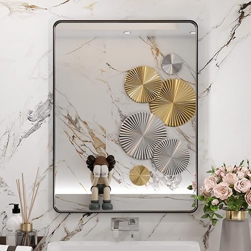 Miniatura 2 de WEER - Espejo de baño negro de 24x32 pulgadas con marco rectangular de metal negro mate, espejo de tocador de baño con vidrio templado, esquinas