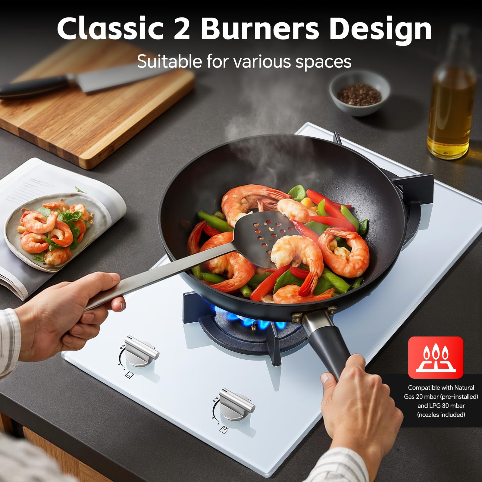 SNDOAS Plaque de Cuisson Gaz 2 Feux Blanc, 2400 W/1800 W
