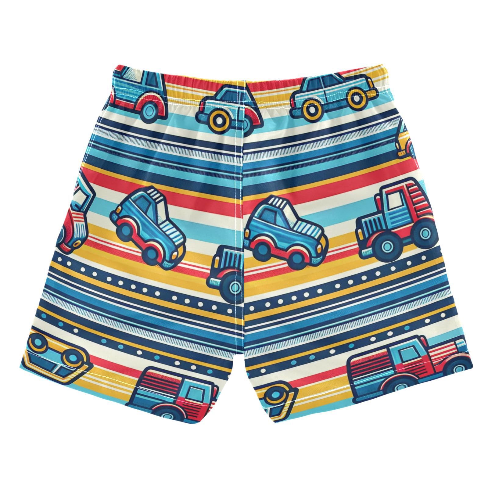 FLildon Cute Cars with Stripes Boys Swim Trunks with Mesh Lining Quick Dry Beach Board Shorts, 4T