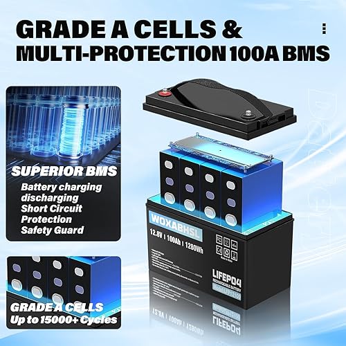 Miniatura 3 de Batería de litio Lifepo4 de 12 V 100 AH recargable Lifepo4 hasta 15000 ciclos profundos, buit in 100A BMS perfecta para motores de arrastre,