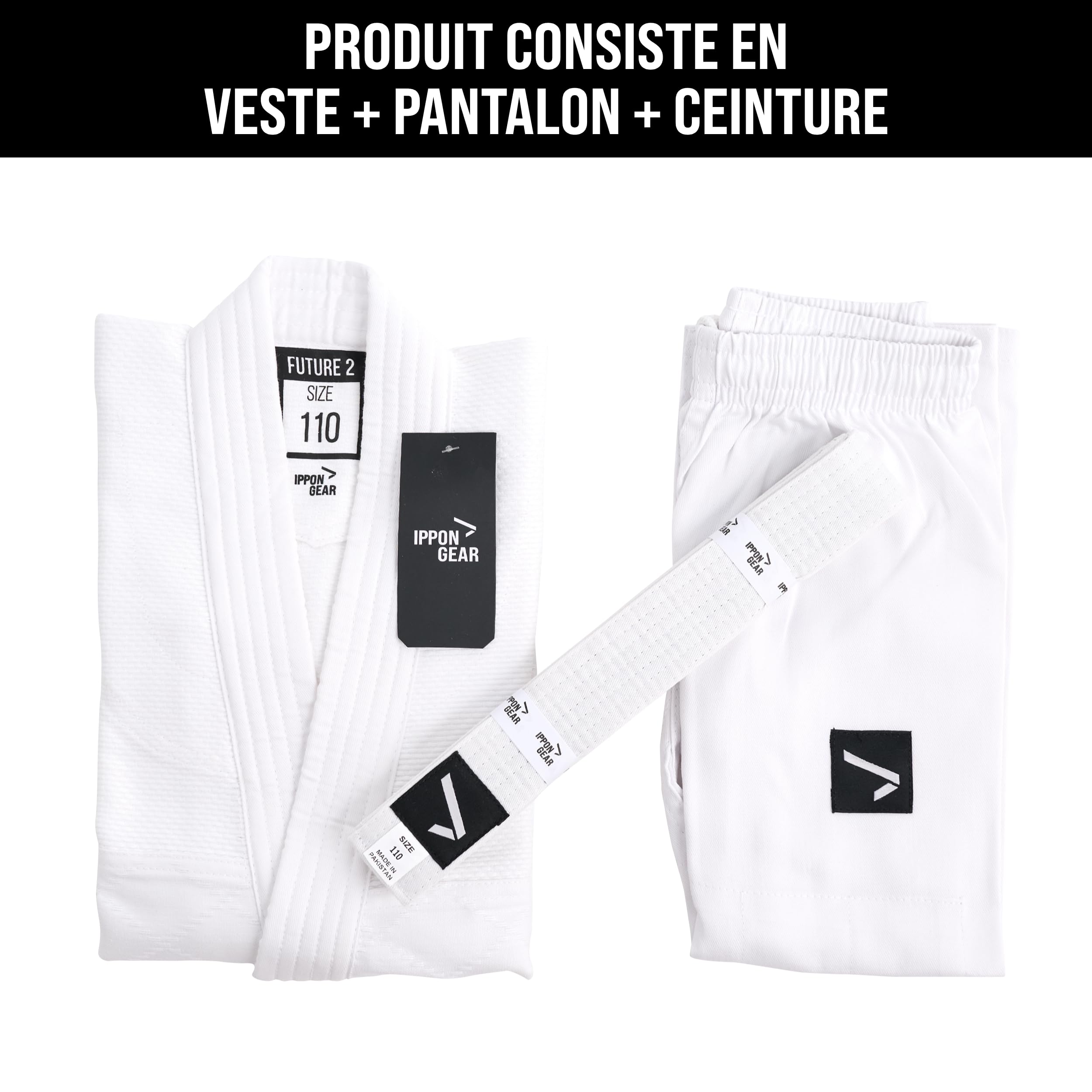 IPPONGEAR Future 2 Combinaison de Judo pour débutants et Enfants Combinaison d'arts Martiaux avec Ceinture (élastique et Cordon de Serrage au Pantalon, densité du Tissu 335gr/m²) Blanc