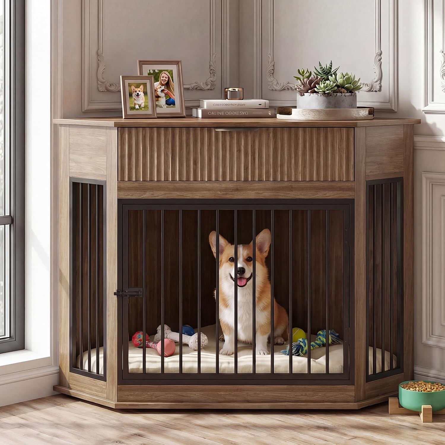 44.6'' Corner Dog Crate Furniture with Fluted Drawer, Dog Kennel with Flush-to-Wall Design & Secure Press-Lock for Small Medium Dogs Indoor, Natural Walnut