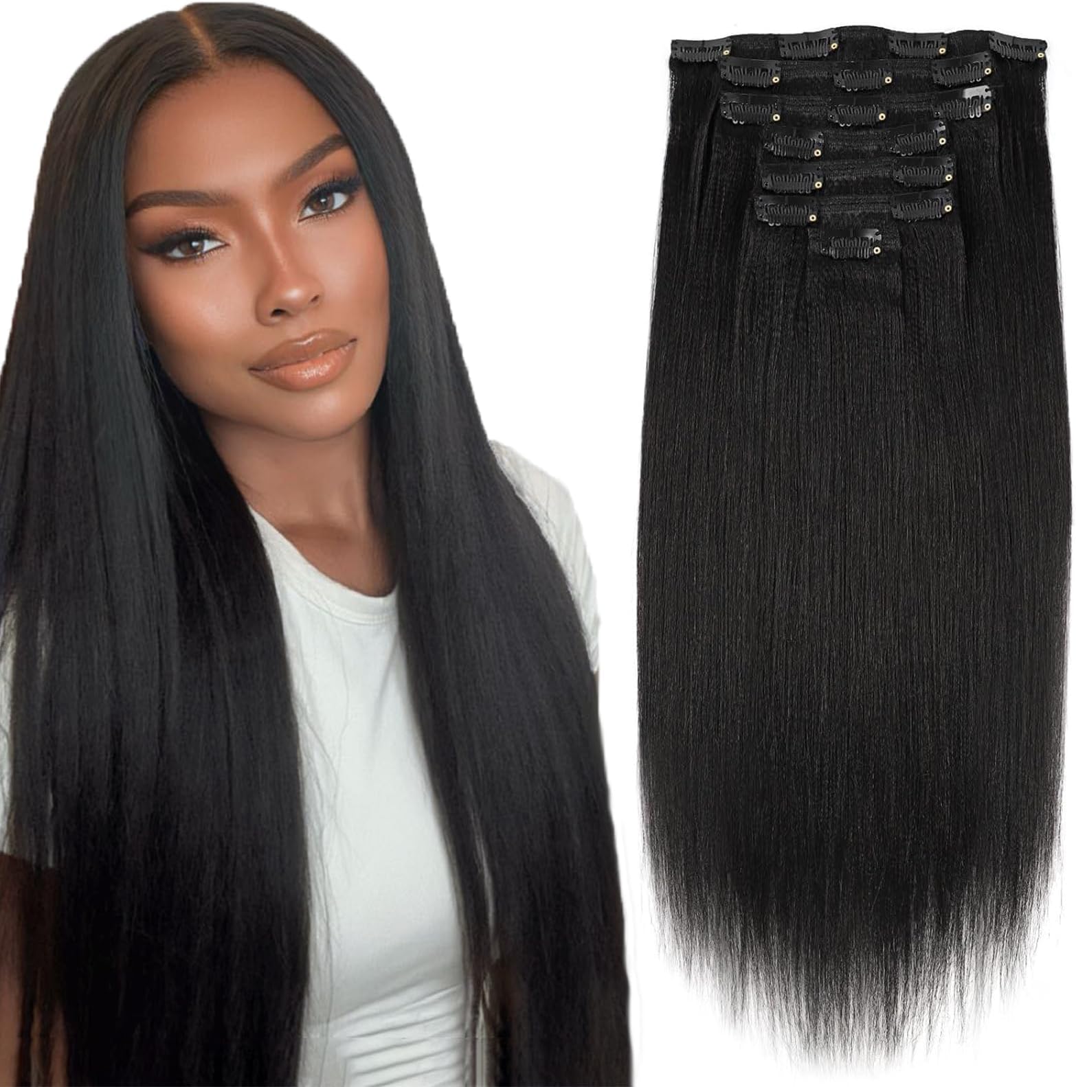 Sassina Brazilian Italian Yaki Straight Clip on Human Hair Extensions Real Remy Hair 8A Grade Clip in Hair 7 Pieces/Set 120 Grams For African American Black Women, YS 14 Inch: 14 inch, Yaki Straight