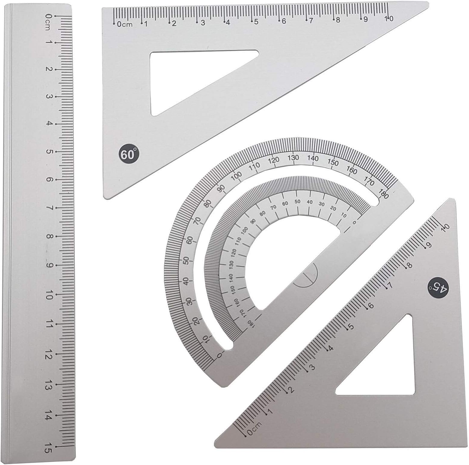 Accod Aluminum Alloy Ruler Set Math Ruler Geometry Tool Set Scale Ruler Math Geometry Tool 4 in One Measuring Ruler for Student Teacher Drawing and Measurement. (Silver)