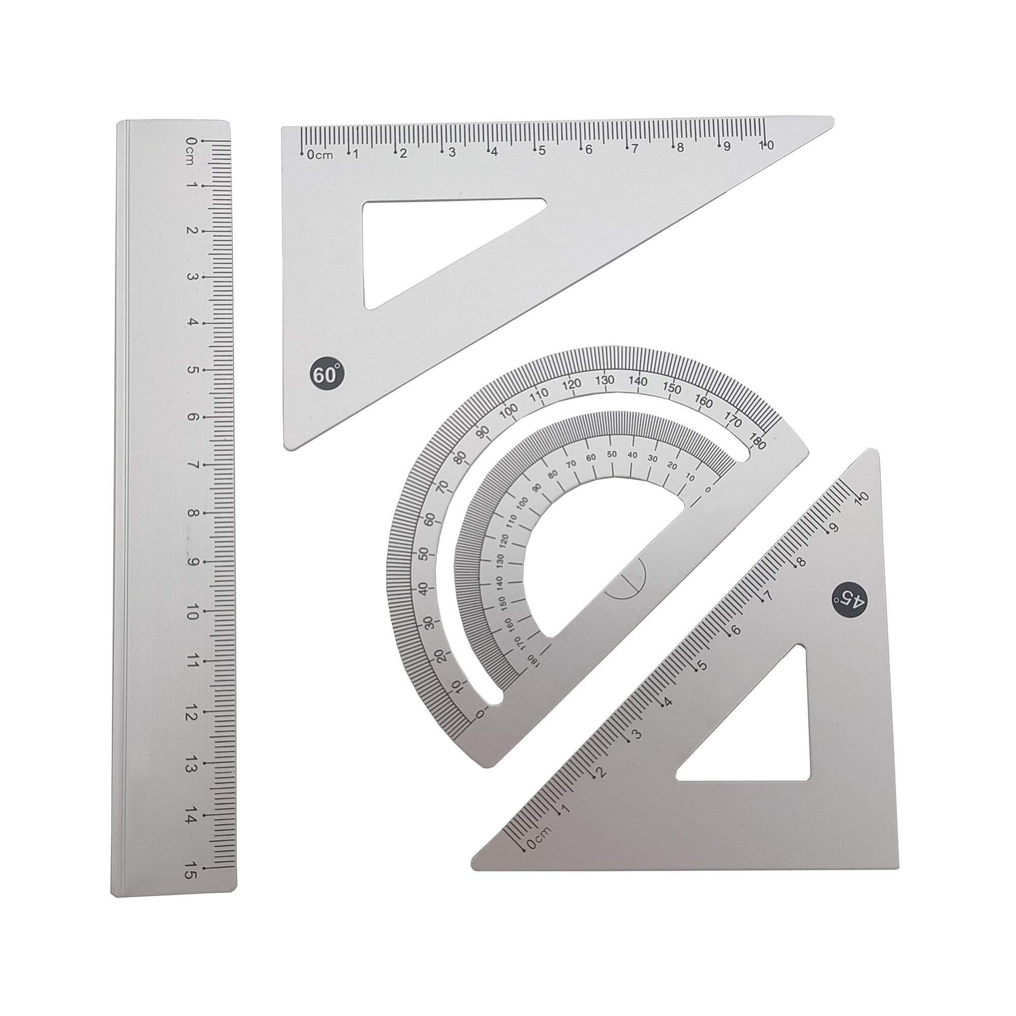 Accod Aluminum Alloy Ruler Set Math Ruler Geometry Tool Set Scale Ruler Math Geometry Tool 4 in One Measuring Ruler for Student Teacher Drawing and Measurement. (Silver)