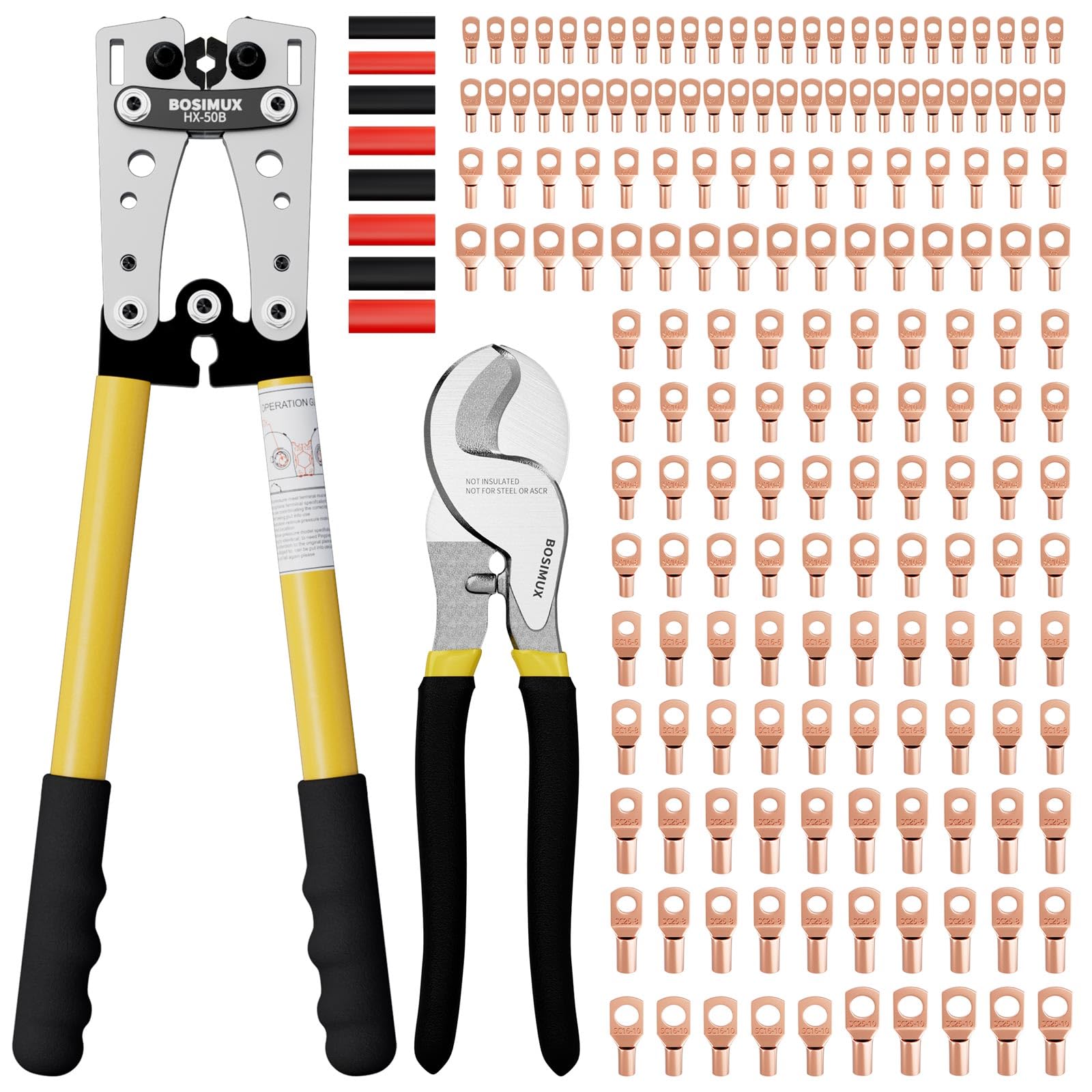 Herramienta de crimpado de terminales de cable de batería con 180 lengüetas de alambre de cobre, herramienta de crimpado de alambre para crimpadora eléctrica AWG 10-1/0 con cortador de cable, 220