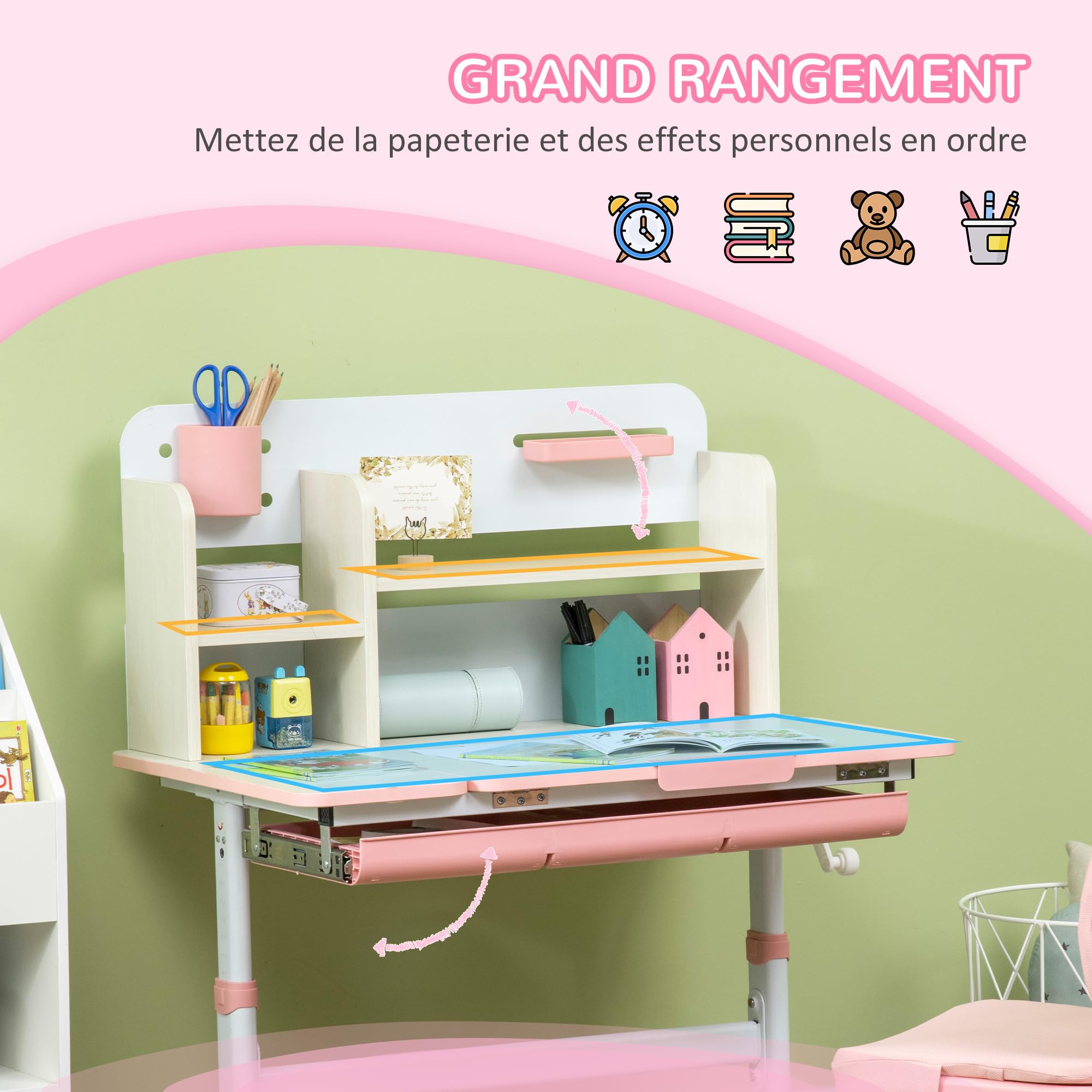 HOMCOM Bureau et Chaise pour Enfants, Hauteur réglable, Plateau inclinable 0-60°, Rose