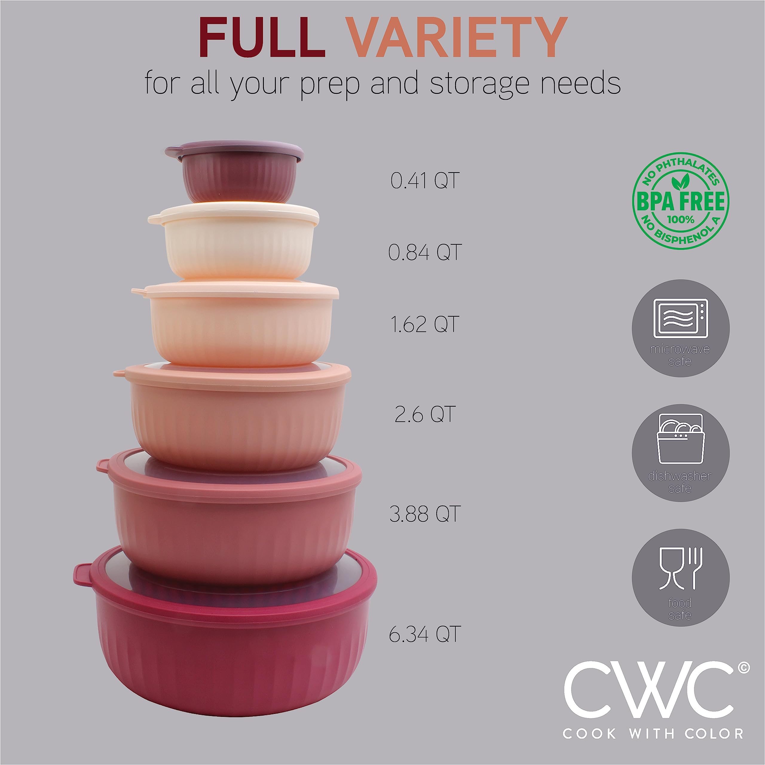 COOK WITH COLOR Prep Bowls with Lids- Wide Mixing Bowls Nesting Plastic Small Mixing Bowl Set with Lids (Rose)