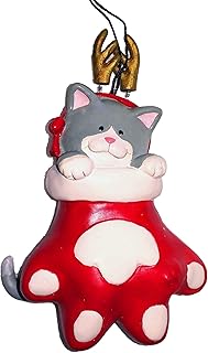 FIGI Grey Tabby Cat in Antlers Inside Red Paw Stocking Christmas Tree Ornament