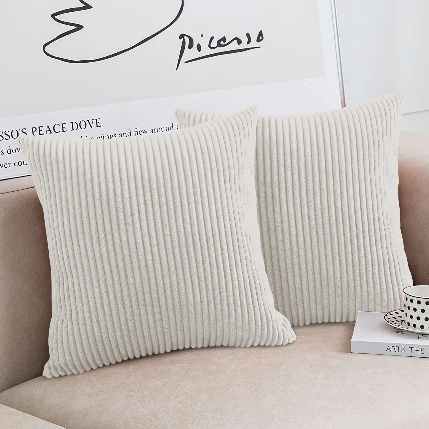 Moonlight Bedding White Cushions With Covers Included Pack Of 2 (2 Covers, 2 Inserts) 45 X 45 Cm Decorative Stripe Throw Pillow Cases With Invisible Zipper For Living Room Bed Sofa