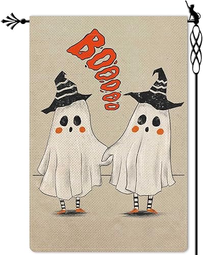 Jauageon Bandera de jardín de fantasmas de Halloween, espeluznante Samll, bandera de jardín, fantasma aterrador, vertical, de doble cara, rústica,
