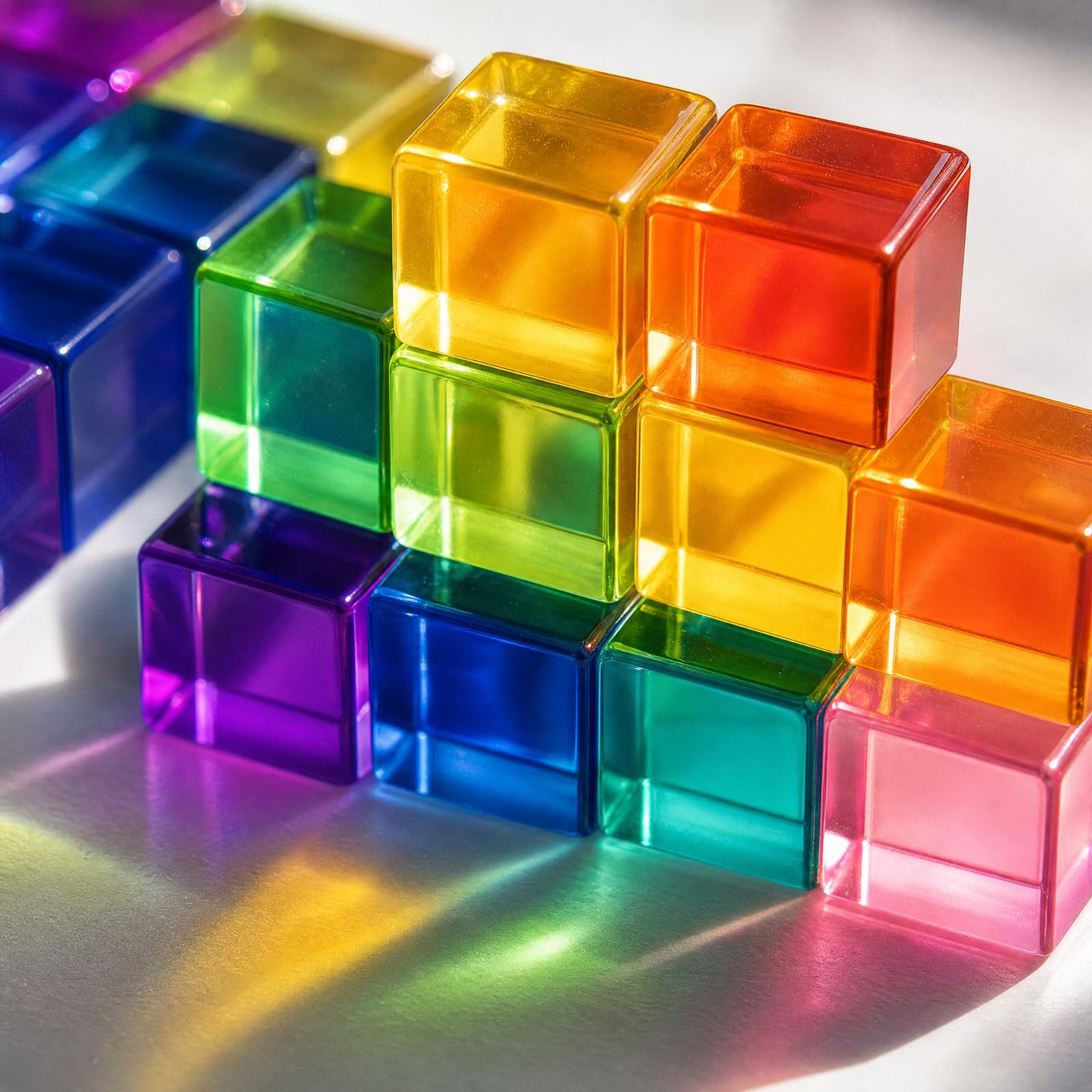100 Pezzi Cubetti Costruzione Cristallo Resina Morbida Blocchi Multicolori Incastro Giocattoli Sviluppo Motorio per Bambini 4-6 Anni con Contenitore in Legno Adatti per Gioco Creativo Interno