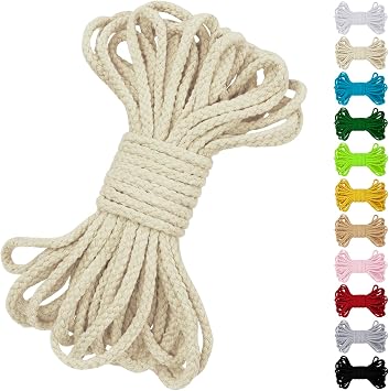 JeogYong Braided Macrame Cord 7mm x 32ft, 8-Strand Braided Cotton Rope Natural Cotton Cord, Thick Macrame Rope Cord for Plant Hangers, Wall Hanging, Gardening, Drawstring Cord, DIY Crafts