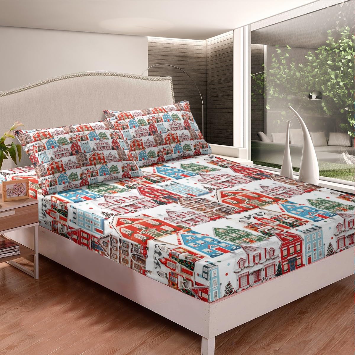 Christmas House Bed Sheets King Size,Red Blue Green Xmas Decor Bedding Set for Kids Girls Boys Adult,Winter Snowflake Fitted Sheet Christmas Socks Candy Print Microfiber Top Flat Sheet 4Pcs