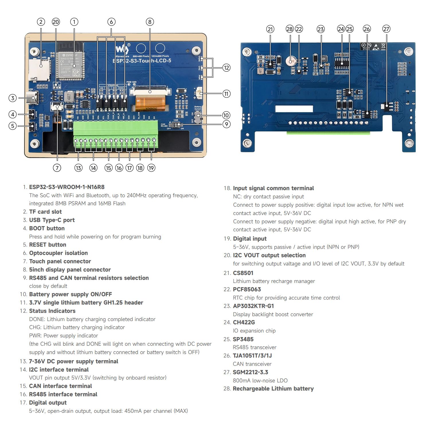 Waveshare ESP32-S3 5 Inch Capacitive Touch Display + Development Board, 1024 x 600, 178° Viewing Angle, 5-Point Touch, 32-bit LX7 Dual-Core Processor, Up to 240MHz Frequency, Support WiFi, Onboard