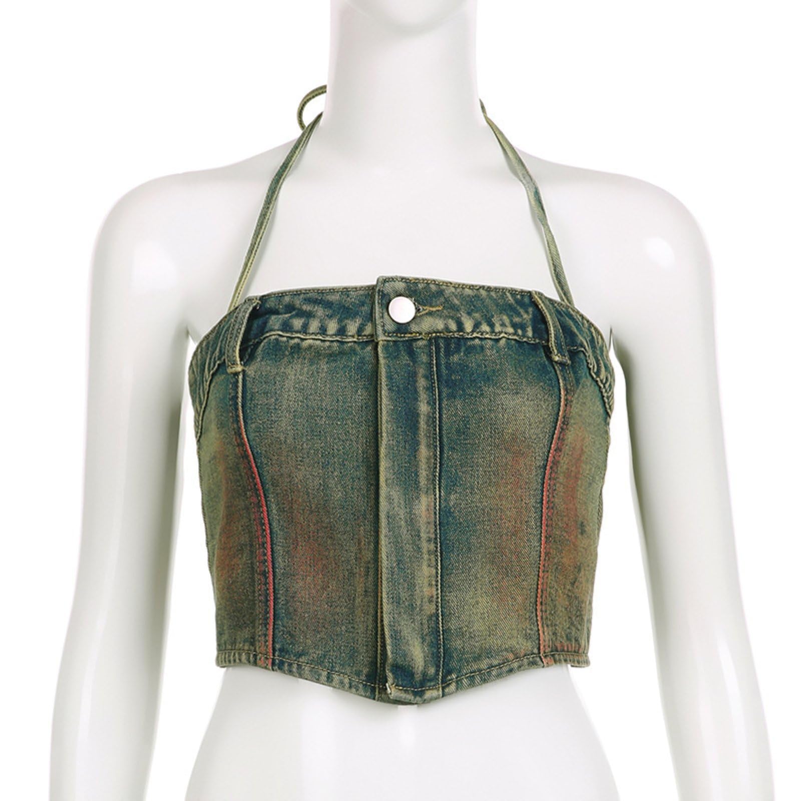 Top z Jeansu Halter dla Kobiet Y2k Swobodny z Odkrytymi Plecami WiąZany Zapinany Na Zamek BłYskawiczny z Przodu Dopasowany Vintage'Owy KróTki Top