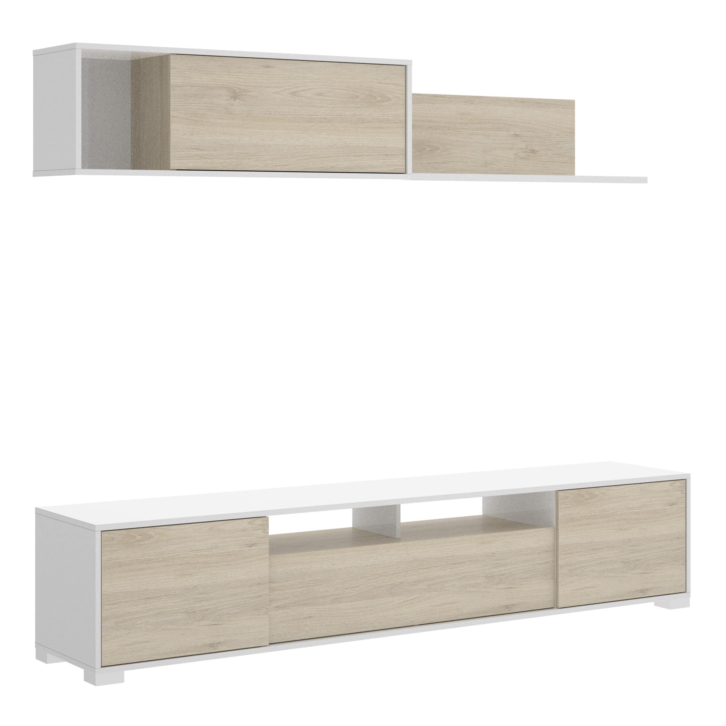 Parete attrezzata porta Tv 200 cm Madison Bianco lucido e Rovere Naturale - Bianco e Naturale