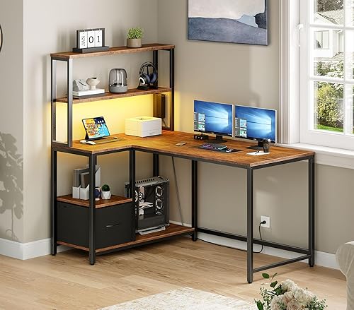 Miniatura 2 de HOOBRO BF18UDDN01 - Escritorio para juegos en forma de L, escritorio reversible para computadora de 46 pulgadas con luz LED y toma de corriente,