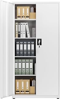 LAND·VOI Stahlschrank 5 Ebenen mit Schloss verstellbare Einlegeböden Doppeltüren Aktenschrank Werkzeugschrank für Büro Garage Haushalt Werkstatt 80x40x181.5 cm weiß