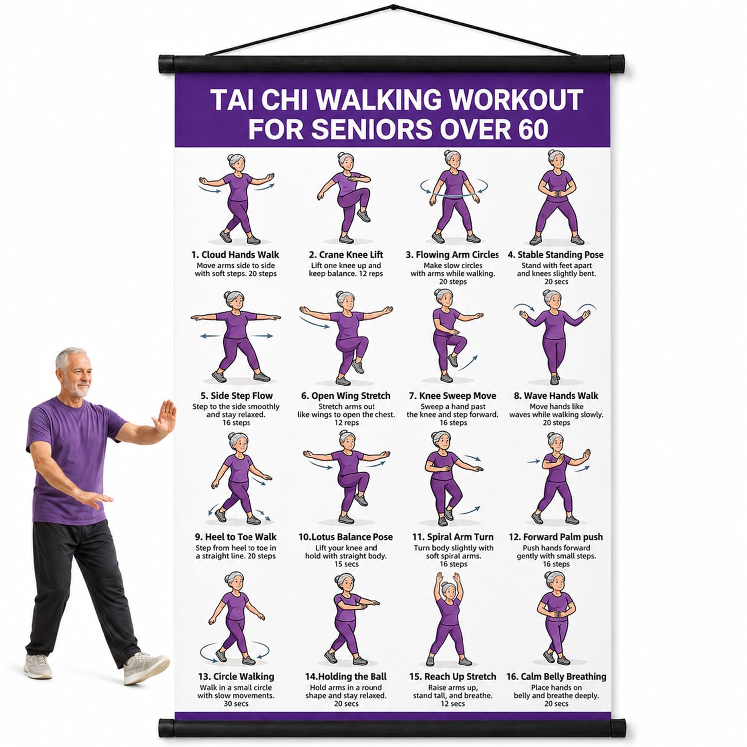 Tai Chi Walking Chart, Tai Chi Walking Exercise Poster for Adults Seniors