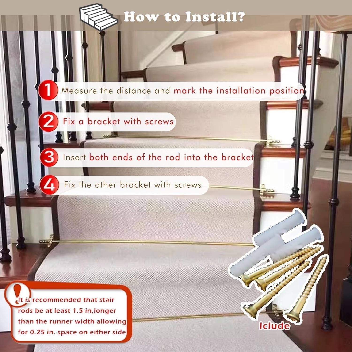 Stair Carpet Rods, Gold Stair Carpet Rod Set for Residential, Hollow Stair Carpet Runner Rods with Spherical Trim(75cm/30in/2.5ft)